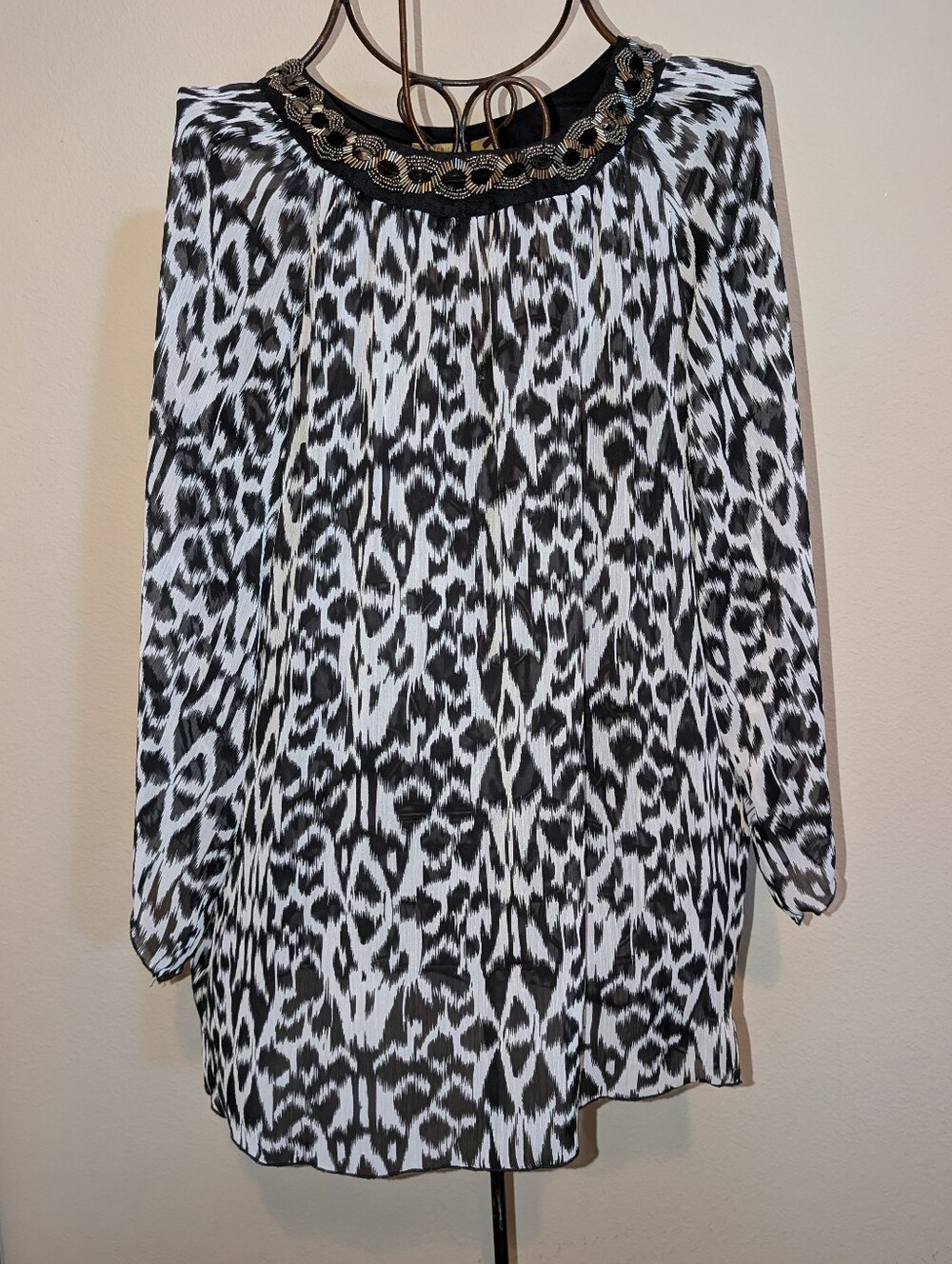 Black & White Bold Animal-Print Blouse with Embellished Neckline